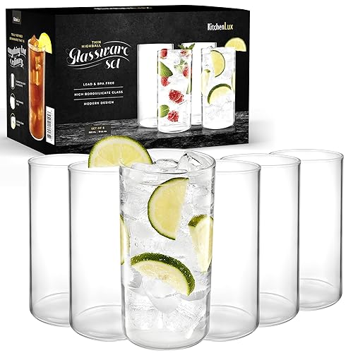 Thin Round Drinking Glasses Set of 6-19 oz Tall Water Glasses – Highball Glass Cups Set – Elegant Drinkware – Deluxe Glassware Sets for Sparkling Cocktails, Wine, Beer, Whiskey, Dinner