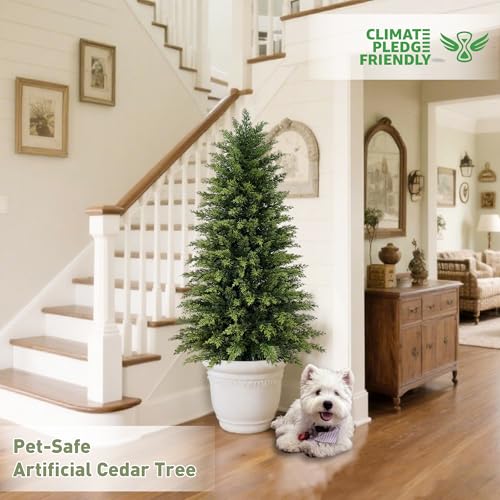 Image of 2 Pack 4ft Artificial Cedar Trees for Outdoors (UV Resistant), Potted Faux Cedar Topiary Plants for Front Porch, Realistic Evergreen Shrub for Entryway & Patio Decor