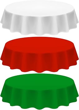 Juexica 12 Pcs Christmas Plastic Tablecloth 84 Inch Round Disposable Plastic Table Cloth Waterproof Decorative Table Cover Red Green White Table Cloths for Parties Christmas Decor