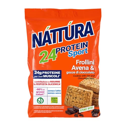 NATTURA PROTEIN SPORT Frollini Avena con Gocce di Cioccolato, Biscotti Proteici Senza Latte e Uova, Biscotti per Sportivi, 24% di Proteine, 200g