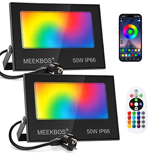 MEEKBOS Foco LED RGB Exterior 50W, 2 Piezas Proyector RGBW Con APP Bluetooth y Mando a Distancia,IP66 Impermeable 5000LM 3000K Luz Blanca Cálida Outside Regulable Floodlight Para Jardín,Fiestas
