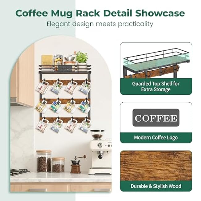 EsLuker.ly Coffee Mug Holder Wall Mounted Display Rack, Black Metal Cup Hanger Organizer with 12 Movable Plastic Hooks, Wood Rustic Shelf for Coffee Bar Home Kitchen, Thoughtful Wall Storage