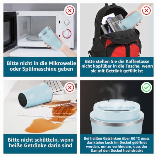 CS COSDDI Thermobecher- Isolierbecher, Edelstahl Travel Mug, 13oz/380ml Vakuum auslaufsicher Reisebecher mit Deckel, Autobecher… – Ansicht 6