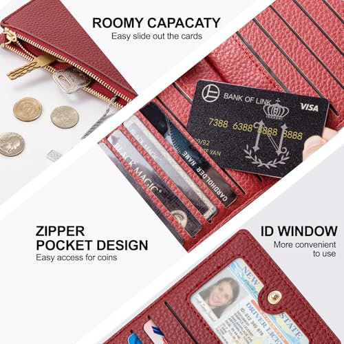 Image of Wallet for Women RFID Blocking Leather Wallet Large Size Bifold Multi Card Holder Wallet with 2 Zipper Pocket - Red