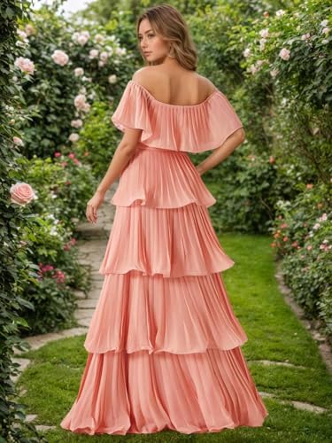Chiffon Off Shoulder Bridesmaid Dresses 2025 Pleated Tiered Dress for Women Wedding Guest Prom Dress with Ruffle3