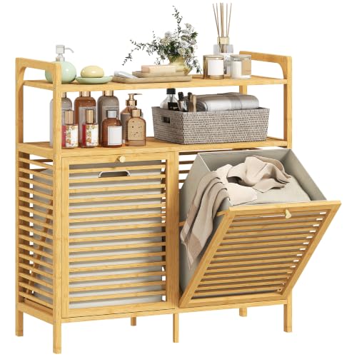 HOMCOM Meuble Salle de Bain avec Panier à Linge 82x33x88cm Bois Naturel