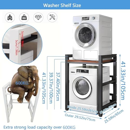 Drum Washing Machine Storage Rack, Height Adjustable Dryer Stand - Stacking Kit with 600KG Load Capacity - Over Washer Storage Rack for Front Loader Washing Machines Tumble Dryers (Black Frame+Black) - Image 3
