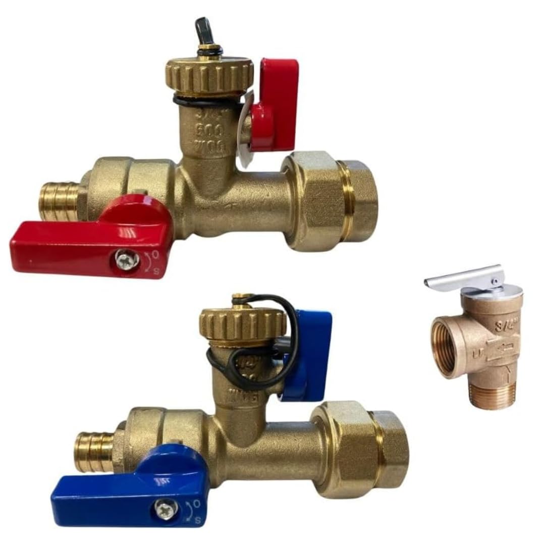 CMI 3/4 in. PEX B Tankless Water Heater Isolation Service Valve with Pressure Relief Valve Threaded 3/4"" Service Installation Valve for Rheem, Rinnai, Takagi, EcoSmart, bronze/copper, 3007 FBA