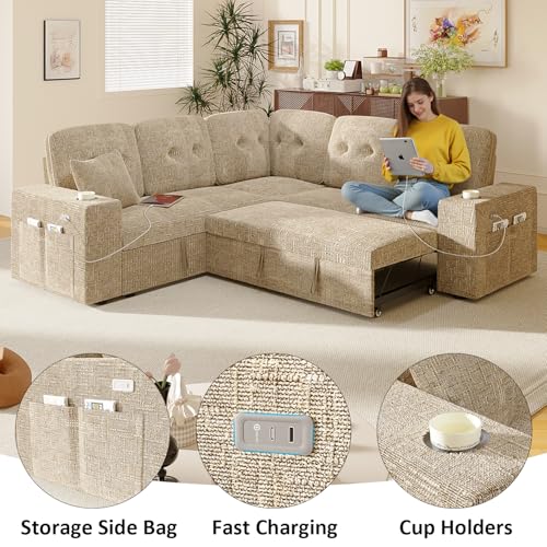 Image of Modular Sectional Sleeper Sofa with Pull Out Bed, 84 Inch L Shaped 5 Seat Couches for Living Room, Chenille Fabric Cloud Couch Bed with Storage & Reclining Backrest, USB Charging, Khaki