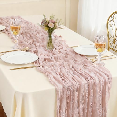 Otauoaea Camino de Mesa Rosa Vintage 50 x 300 cm - Rustico de Tela de Queso - Table Runner Boho Decoración de Bodas, Cenas, Cumpleaños, Fiestas - 1 Pieza