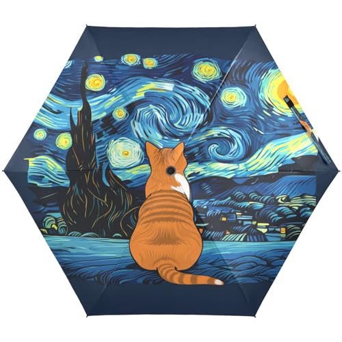 GAIREG Compact Umbrella, Compact Size for Women Backpacks/Handbags, Travel Umbrellas for Sun, Orange Cat Starry Night