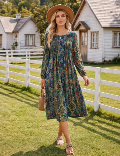 Image of Zeagoo Fall Dresses for Women Long Sleeve Midi Dress Casual A Line Dresses 2026 Pleated Flare Dress with Pockets