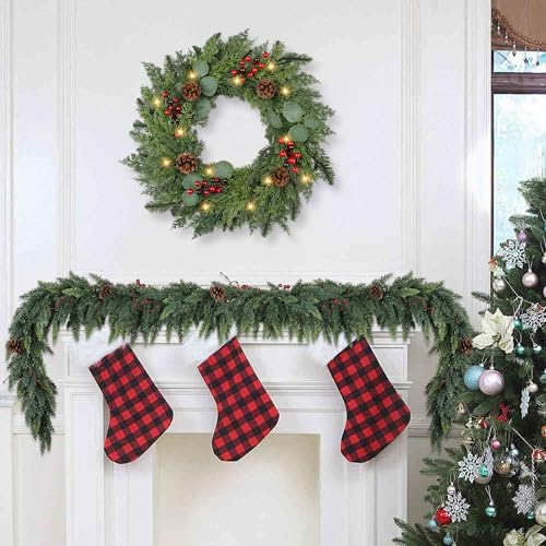 Christmas Wreath with Lights 24 Inch Real Touch Pine Wreath with Red Berries/Pine Cone Prelit Christmas Wreaths for Front Door Outdoor Christmas Decorations Winter Wreath for Windows Indoor Holiday - image 3