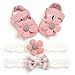 Loalirando Scarpe Neonata 0-18 Mesi Set Regalo 3 Pezzi Fascia Capelli Neonata Regalo Battesimo Bimba Scarpe Anti Scivolo Fiore Suola Morbida Neonato Accessori (Rosa, 0-6 Mesi)