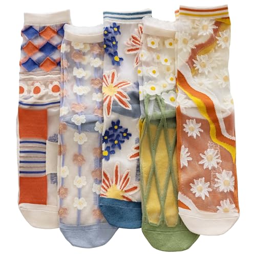 YFUNNLE 5 Pairs Womens Sheer Socks Summer Thin See Through Mesh Transparent Socks for Women Size 6-9