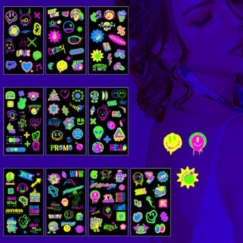 COYUN 10 folhas tatuagens temporárias, tatuagens fluorescentes brilham baixo néon UV luz preta, tatuagens festa luminosa, tatuagens temporárias para adultos e crianças, tatuagens de aniversário jogos