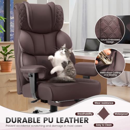 Image of BestGlory Office Desk Chair, Big and Tall Leather Gaming Chair with Footrest, Wide Ergonomic Comfy Executive High-Back Reclining Computer Chairs, Swivel Rolling Wheels and Padded Lumbar Support,Coffee