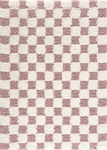 Image of BoutiqueRugs Atira Modern Checkered Shag Area Rug - High Pile Fluffy Shaggy Carpet for Entryway, Living Room, Nursery, Playroom, Girls Boys Room - Pink, Cream, White, Blush, Rose - 4' x 6'