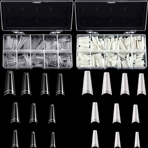 1000 Pieces Clear/Natural Acrylic Nail Tips Artificial False Nails French Nail Tips with Box for Nail Salons and DIY Nail Art at Home, 10 Sizes (French Flat Nails)