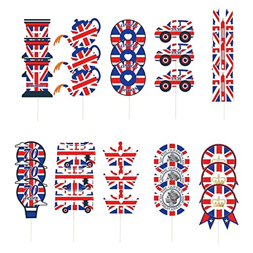 YZL 30 adornos para tartas de Queen's Jubilee, 2022 Union Jack y British Theme Toppers, decoraciones de papel real británico para decoraciones de Queens Jubilee 2022 Cover