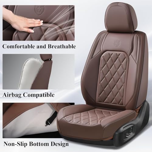 Image of Coverado Car Seat Covers Full Set, Luxury Faux Leather Waterproof Seat Cover, Front and Back Car Seat Protector, Universal 5 Seat Leather Seat Cushion, Carseat Cover Fit Most Cars, Coffee