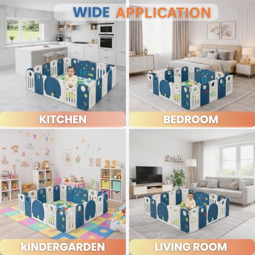 Image of 16 panel Playpen for Babies upto 5 year with Mat and Balls Foldable Baby Play Area Indoor Setup Play Yard Fence for Toddlers Kids Playarea Setup Outdoor Children Play Pen with Gate Baby Playpen(5*6 FT=30 SQFT Blue)