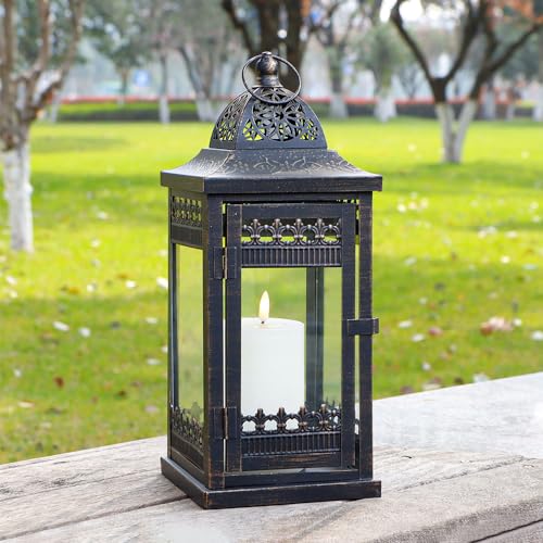 JHY DESIGN Faroles Decorativos de 37 cm de Altura, faroles Colgantes de Estilo Vintage, Soporte de Vela de Metal para Interiores y Exteriores, Eventos, Fiestas y Bodas (Negro con Pincel Dorado)