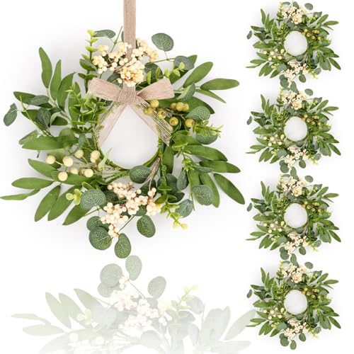 4 Pcs Green Eucalyptus Swag Wreaths for Pillars Spring Summer Kitchen Cabinet Wreaths Mini Green Berry Leaves Wreath with Ribbon for Front Door Porch Wall Window Farmhouse Decoration