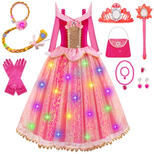 WIKITOT Princess Costumes for Girls Light up Pink Princess Dress up Presents for Girls Age 3 to 10 Year Old Fancy Dress for Kids & Toddlers Christmas Birthday Costumes(M)