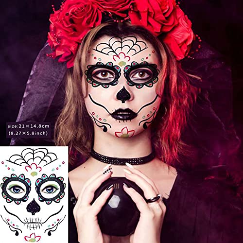 20 Sheets Day Of The Dead Face Sugar Skull Tattoos ,Including 8 Large Sheets Halloween Temporary Face Tattoos, Halloween Sugar Skull Face Tattoos #TOP4