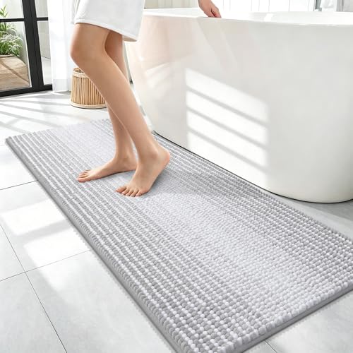 Image of OLANLY Bathroom Runner Rugs 47x17, Extra Soft Absorbent Chenille Striped Bath Rugs, Rubber Backing, Machine Wash Dry, Long Bath Mats for Bathroom, Tub, Shower, Home Decor Accessories, Light Grey