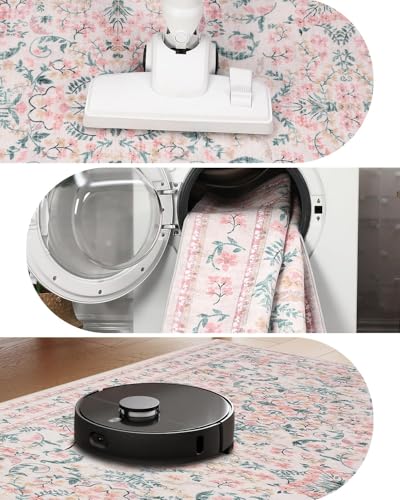 Tapete rectangular Boho 10x8 pies lavable rosa miniatura 4