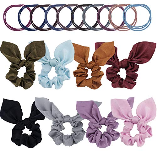 TOBATOBA Silk Chiffon Scrunchies for Hair, 8 Hair scrunchies with Bunny Ear Bow 10Pcs Hair Elastic Ties Ponytail Holder for Women