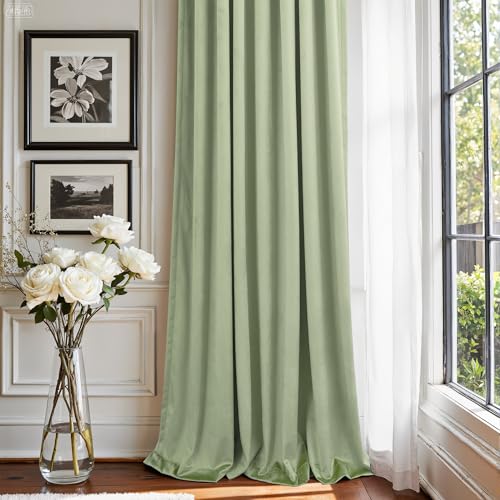 Image of Sage Green Back Tab Velvet Curtains 63 Inch Length for Boys Bedroom Girls Room Darkening Thermal Insulating Short Curtains for Kitchen Closet Movie Theater Rustic Vintage Decor Satin Silky 2 Panels