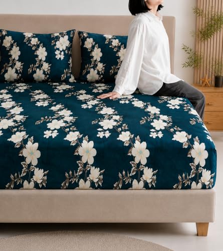 Image of Warm Flannel (Flano) King Size Winter Fitted Bedsheet | All Side Elastic Premium Winter Soft Velvet Furnishing Bed Sheet with 2 Big Pillow Cover Size - 72 x 78 X 8 Inches Ice Green