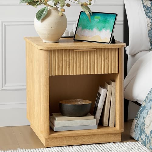 Image of Nightstands Set of 2, Fluted Nightstands with Drawer Faux Marble Top & Curved Edge, Modern Night Stands with Charging Station, End Tables Living Room, Bedside Table, Bedroom Furniture, Oak