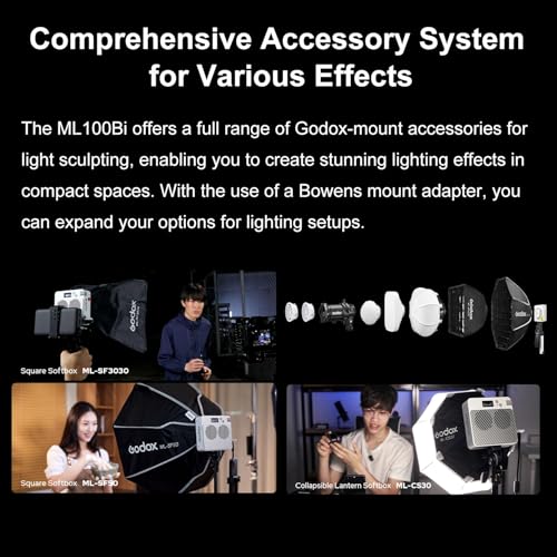 Image of Godox ML100BI ML100 BI 100W Bi-Color LED Video Light,2800-6500K 33200LUX@1m,11 FX Modes,CRI 96 TLCI 97,Pocket-Sized,APP Control,Godox Mount Continuous Output Lighting for Photography,Video Recording