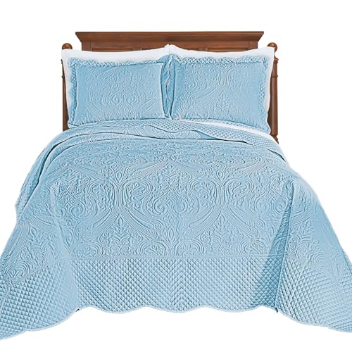 Collections Etc Luxe Textured Diamond Design Scalloped Edge Oversize Bedspread Blue Queen