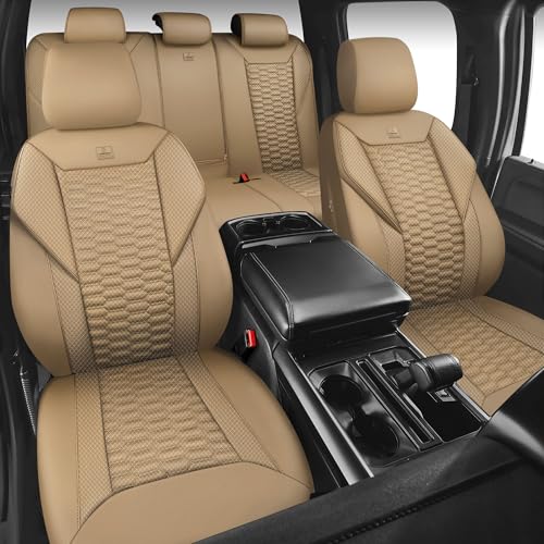 Image of CAR PASS 3D Foam Mesh Leather Car Seat Covers Full Set, Tan Breathable Mesh Faux Leather Seat Covers for Car, Universal Fit for SUV Truck Sedan Automotive, Armrest Airbag Compatible, All Beige