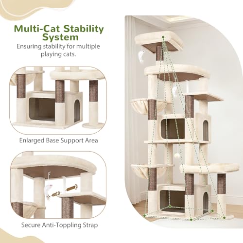 Image of Globlazer 75in Sturdy Cat Tree for Large Cats, Heavy Duty Multi-Level Cat Tower for Indoor Cats with Extended Platform, 2 Spacious Condos, 2 Padded Perches, 6 Sisal Scratching Posts, S75, Beige