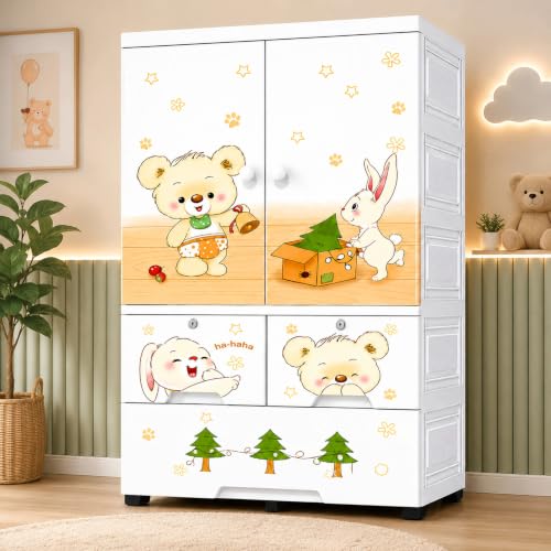 Image of Kids Plastic Wardrobe for Clothes Storage | Baby Cupboard & Almirah with Hanging Rod & Shelves | Portable Collapsible Storage Cabinet for Bedroom | Cartoon Kids Wardrobe