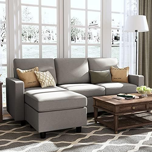 HONBAY Convertible Sectional Sofa, L Shaped Couch with Linen Fabric, Reversible Sectional Sofa Couch for Small Space, Light Grey
