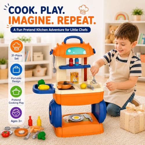 Image of 31-Piece Pretend Play Kitchen Set for Kids, Portable Toy Cooking Set with Stove, Sink, Storage, Cookware, Play Food & Utensils, Gift for Girls & Boys Ages 3+
