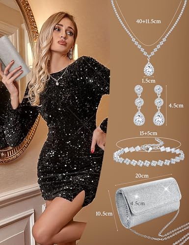 Subiceto 4Pcs Silver Clutch Purse Jewelry Set for Women Evening Rhinestone Purse Crystal Necklace Earrings Bracelets Set Silver Accessories for Women Bride Wedding Jewelry2