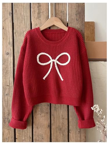 Image of BEAUDRM Girl's Cute Bow Sweater Crew Neck Long Sleeve Drop Shoulder Loose Pullover Tops