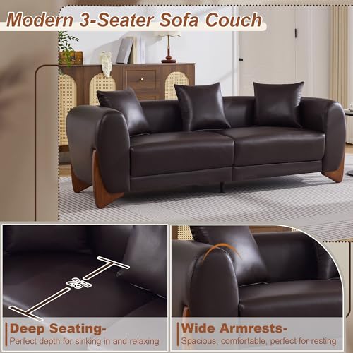 Image of 87 inch Faux Leather Cloud Couch Modern 3 Seater Sofa with Solid Wood Legs, 25 inch Extra Deep Seat, Comfy Thick Cushion Upholstered Sofa Couches with 3 Pillows for Living Room, Brown