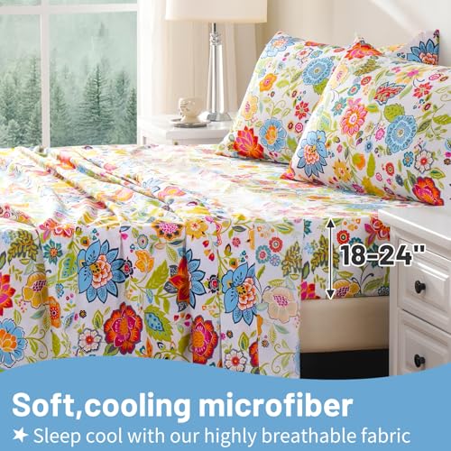 Bedlifes King Size Extra Deep Pocket Sheet Sets - Fits Mattresses Up to 18-24" Thick, 4-Piece Microfiber Set with 1800 Thread Count, Soft, Smooth, Breathable, Featuring Floral Spring Design