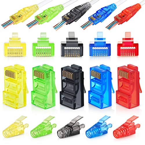RJ45 Assorted Colors Cat6 Pass Through Connectors and Cable Strain Relief Boots Pack of 50/50 (100 Total) | EZ Crimp UTP Connector