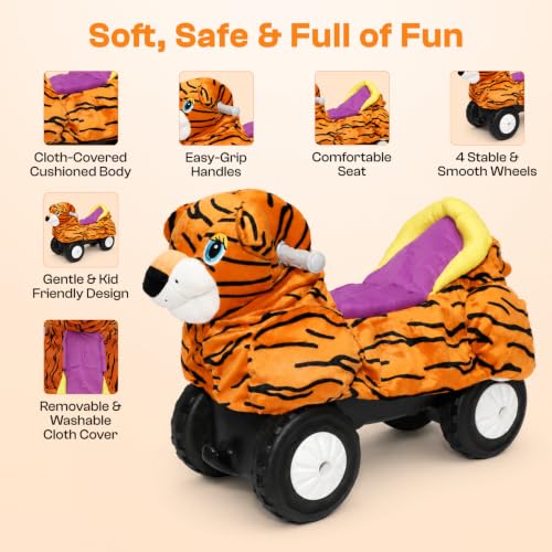 Image of Toyzone Little Soft Tiger Ride on | Cloth-Covered Ride On Toy with Wheels | Back Support | Indoor & Outdoor Ride-On for Toddlers 1-4 Years