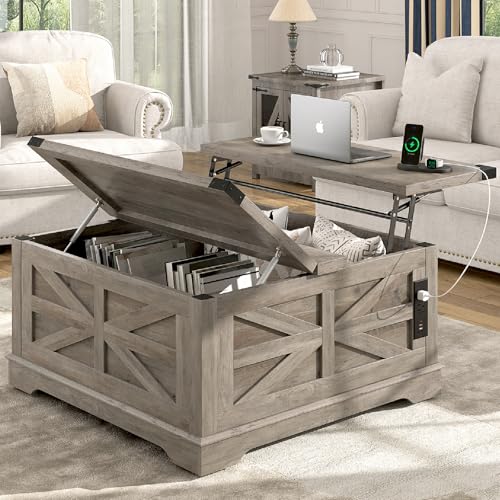 36-Farmhouse-Movable-Lift-Top-Coffee-Table-with-Storage-and-Power-Outlets-Square-Wood-Living-Room-Tables-with-WheelsLarge-Hidden-Space-Lift-Wooden-Barn-Door-Center-Table-Grey 36 Farmhouse Movable Lift Top Coffee Table with Storage and Power Outlets Square Wood Living Room Tables with WheelsLarge Hidden Space Lift Wooden Barn Door Center Table Grey